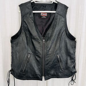 First MFG Co Black Leather Side Laced Soft Lambskin Biker Vest Womens Plus 2X 3X